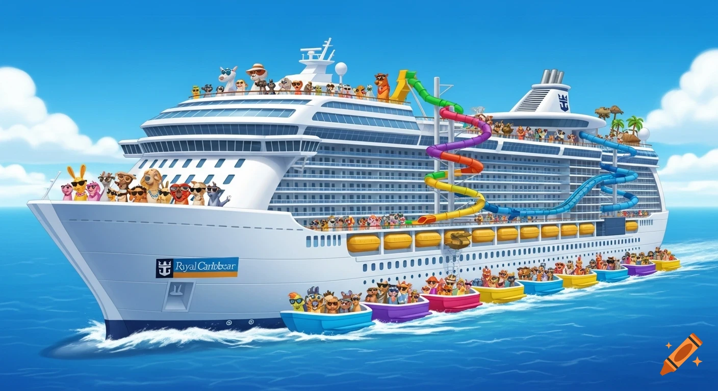 A colorful cartoon cruise ship sails on a blue ocean under a sunny sky, packed with diverse animals, some wearing sunglasses, with waterslides and small boats trailing behind.