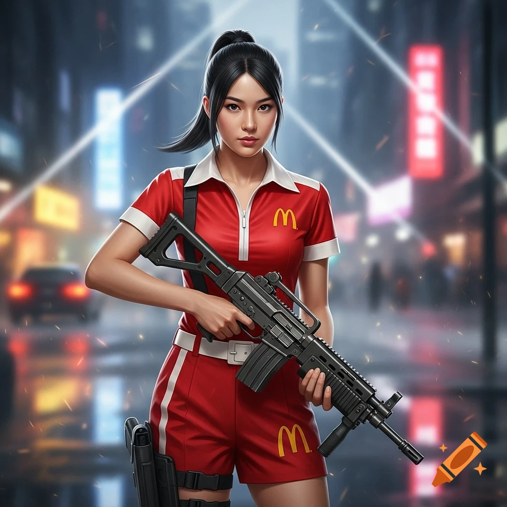 A stylized Asian woman in a McDonald's uniform holds a machine gun on a neon-lit city street.