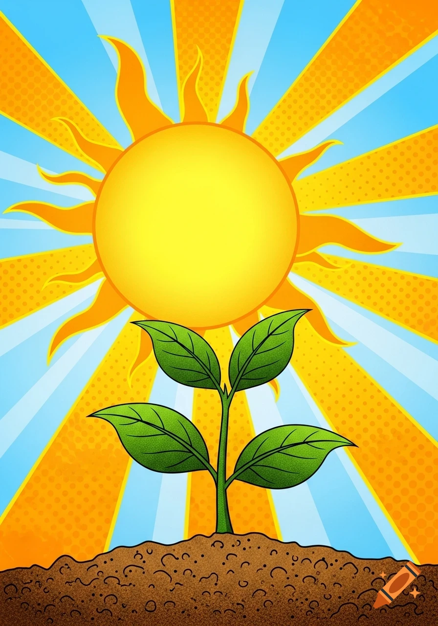 A vibrant pop art illustration of a green plant growing from soil under a bright yellow sun with radiating rays.