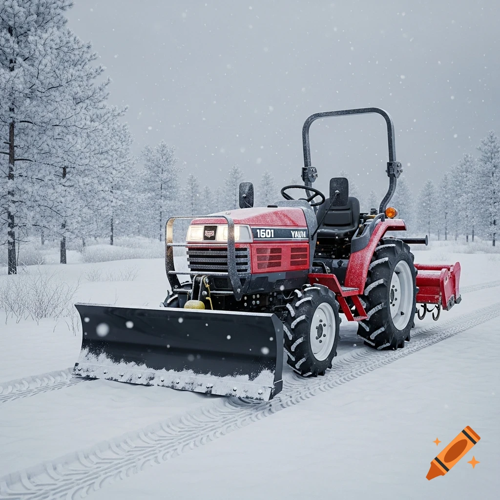 Red tractor with a snowplow drives through a snow-covered field under a grey winter sky, flanked by pine trees.