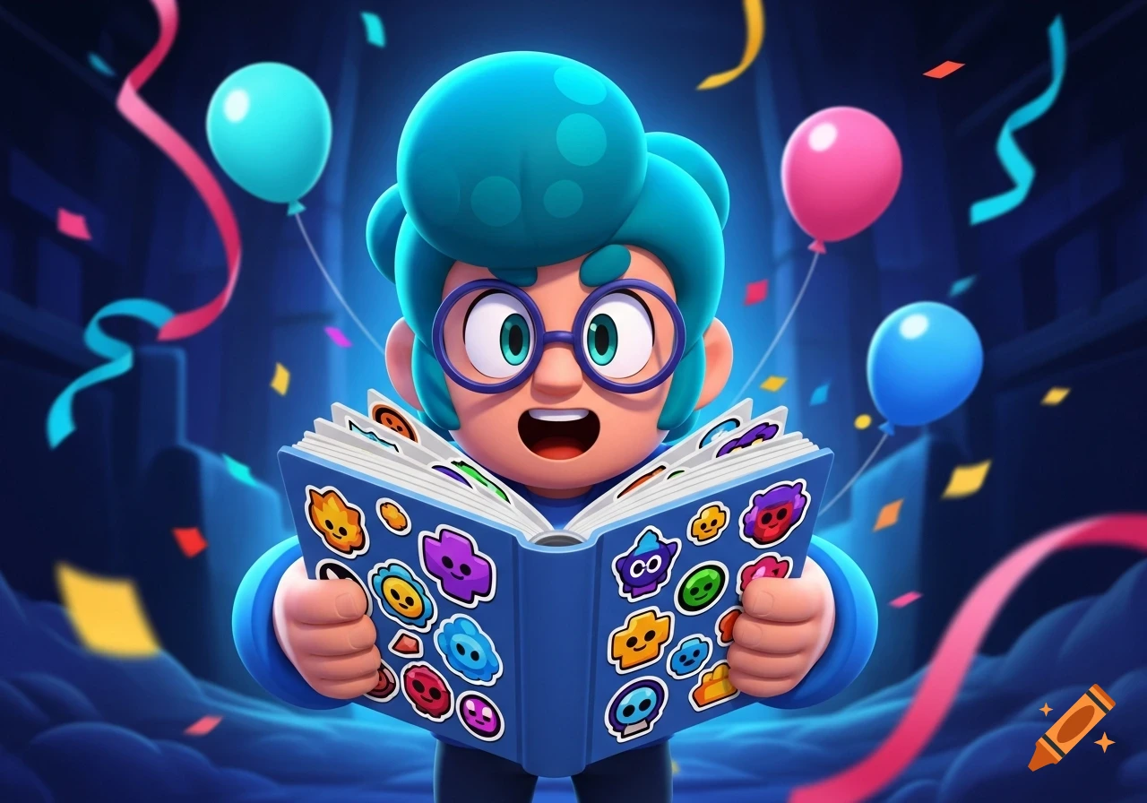 A cartoon character with blue hair and glasses, named Gus from Brawl Stars, holds open a sticker album filled with colorful emojis. Confetti and balloons float around him.