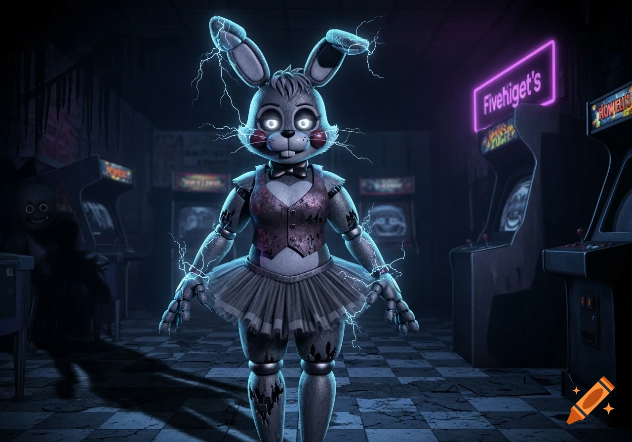 A glowing-eyed animatronic rabbit with lightning stands in a dark, dilapidated arcade with neon lights.
