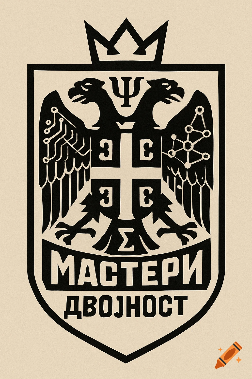 A shield-shaped emblem featuring a stylized black double-headed eagle with circuit motifs on one wing and network motifs on the other, topped by a crown. On the eagle's chest is a cross surrounded by '3' and 'C' characters, with a 'Psi' symbol above and 'Sigma' below. A banner at the bottom reads 'МАСТЕРИ' and 'ДВОЈНОСТ' in Cyrillic.