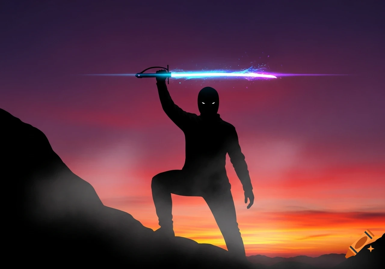 A dark silhouette of a figure on a hill against a sunset, holding a glowing blue and purple sabre horizontally above their head.
