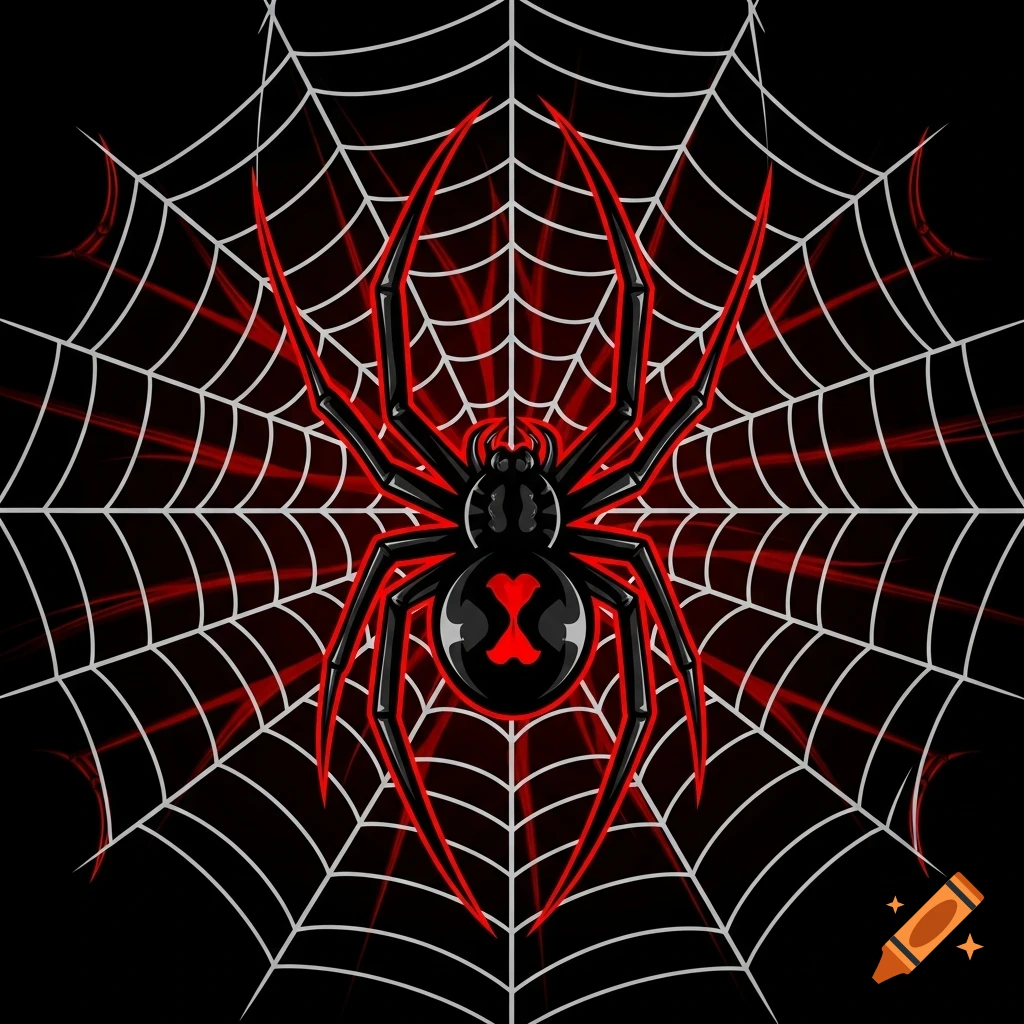 A stylized black and red black widow spider with an hourglass symbol on its abdomen, centered on a white spider web against a dark background with red glow.