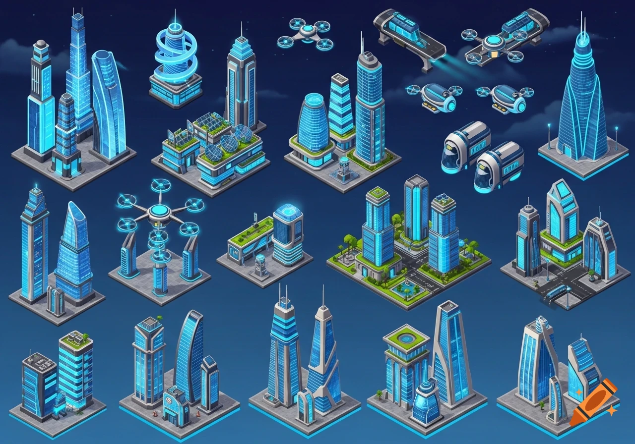 Isometric collection of futuristic sci-fi city buildings, drones, and vehicles with glowing blue accents.