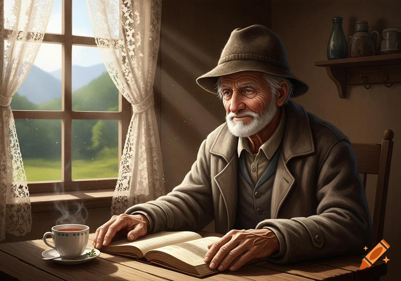 An old man with a white beard and hat sits by a sunlit window, reading a book with a steaming cup of tea.