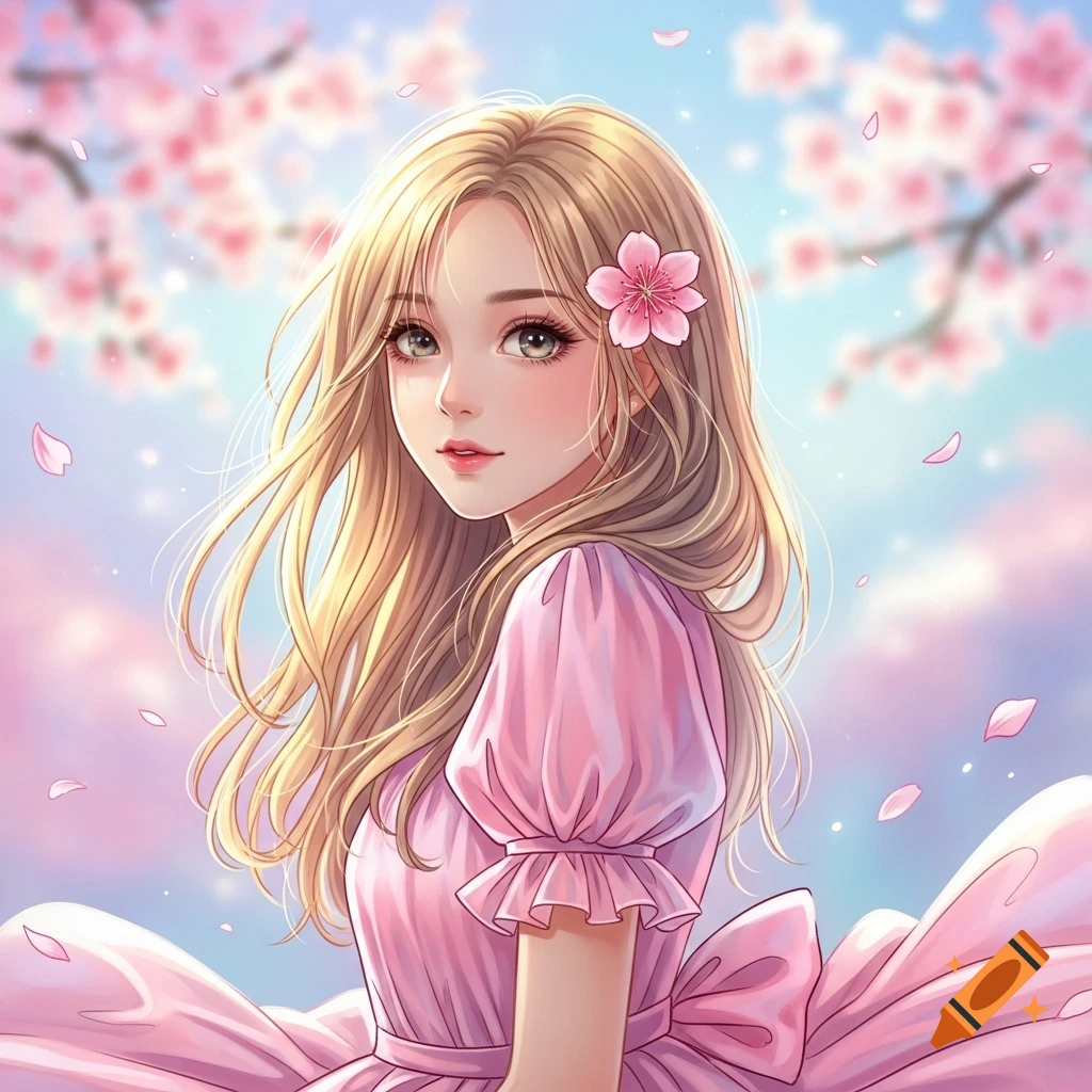 A blonde anime girl in a pink dress with a pink flower in her hair, surrounded by cherry blossoms under a pastel sky.