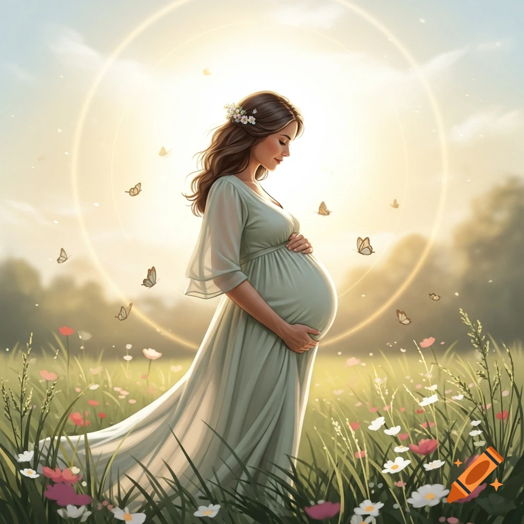 Illustrative image of a serene pregnant woman in a field of flowers with butterflies, gently holding her belly.