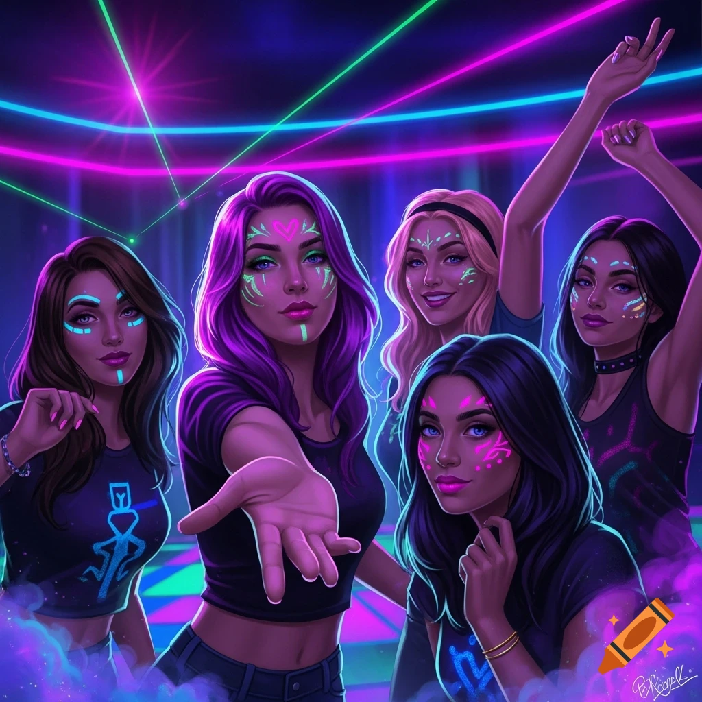 Five women with neon face paint pose at a vibrant, glow-lit rave party, one reaching out.