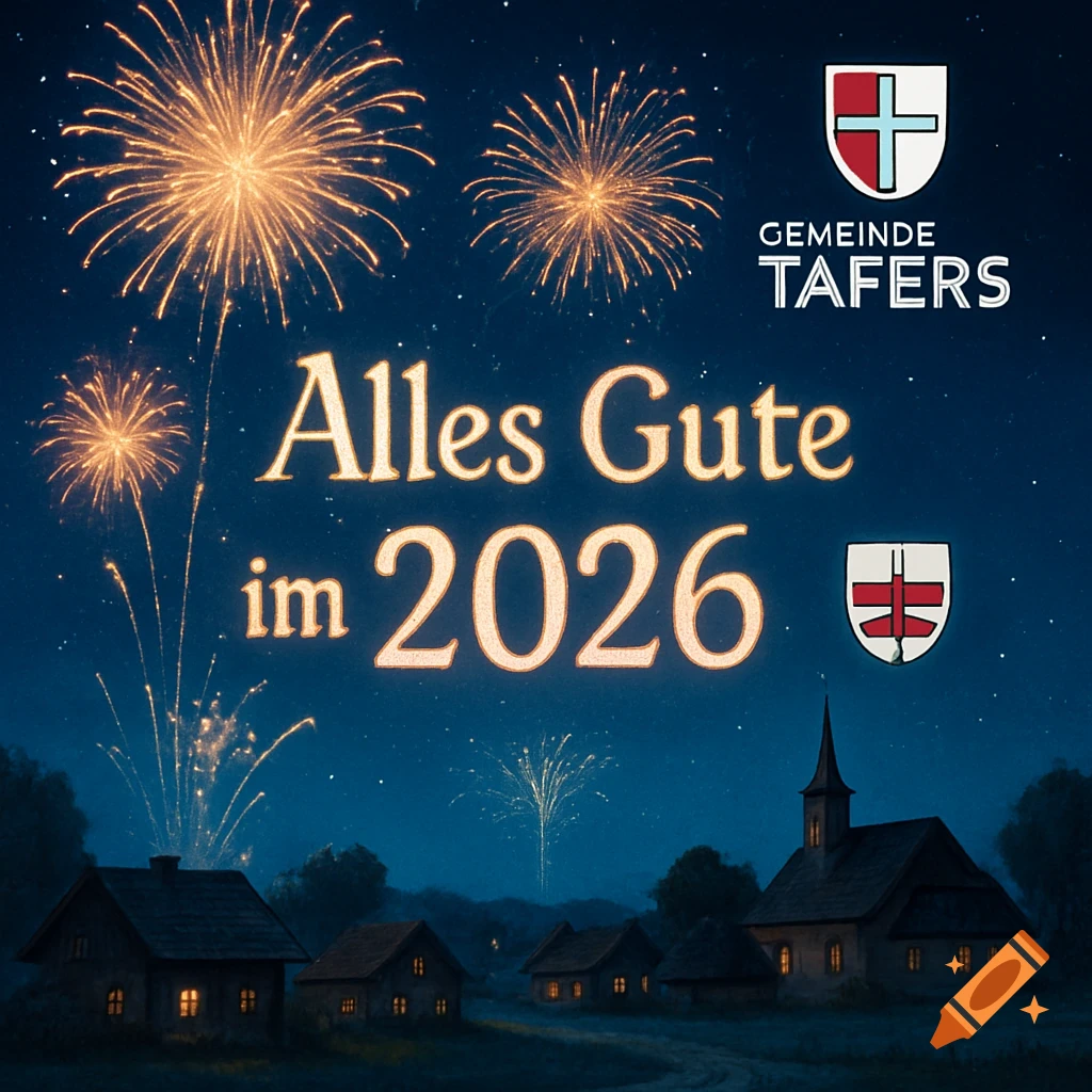 A starry night sky over a village with fireworks, text 'Alles Gute im 2026', and Tafers logos.