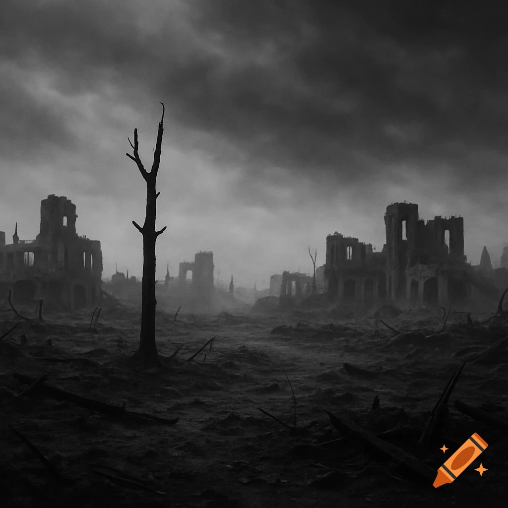 A somber, monochromatic landscape shows a ruined city under a dark, cloudy sky, with a leafless tree in the foreground.
