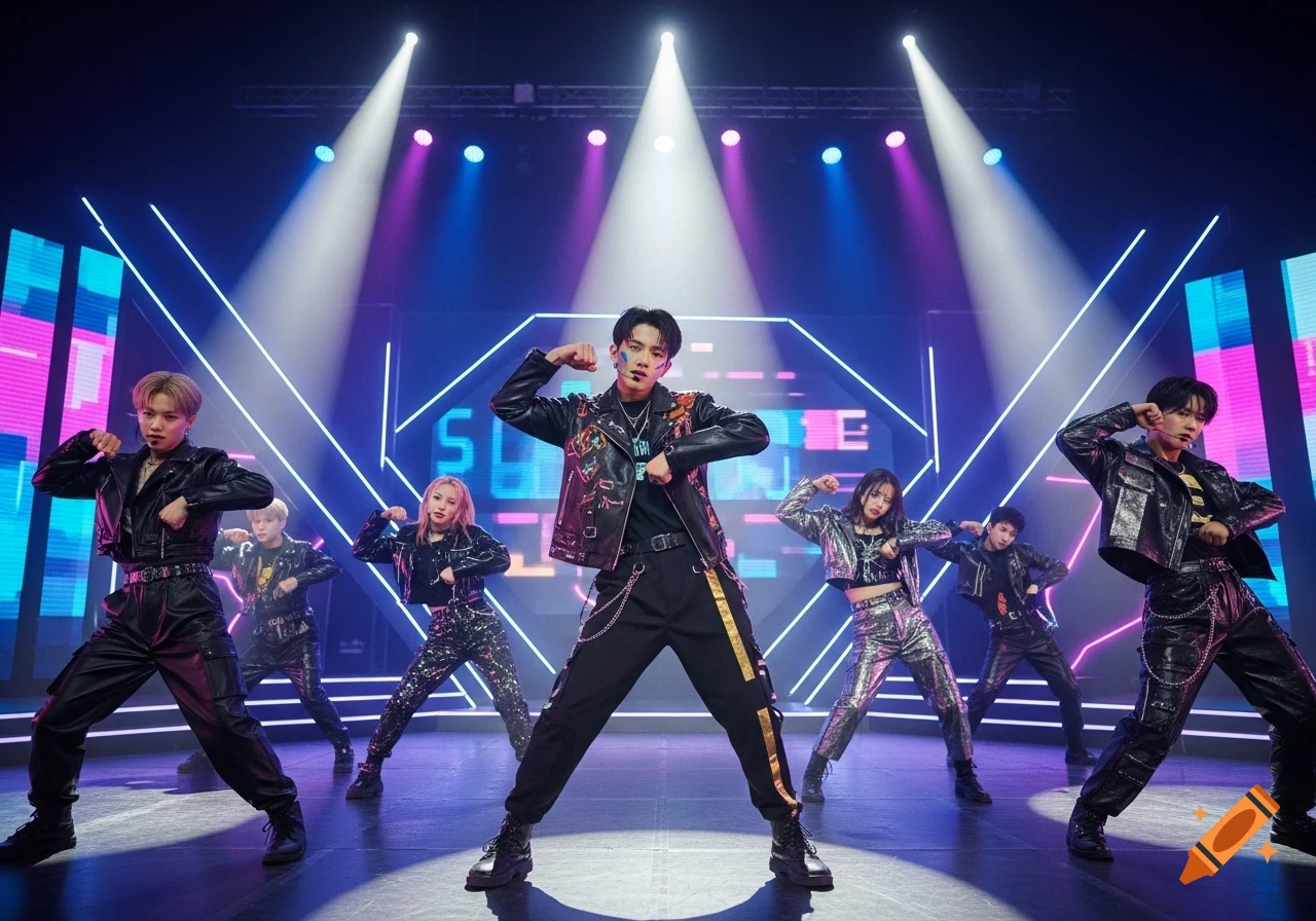 A K-pop group of seven members performs on a brightly lit stage with neon geometric patterns and the word 'SUNDOWN' on the background screens.