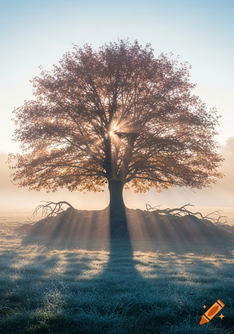 A large tree with autumn leaves in a misty field, backlit by the rising sun, casting long shadows on frosty grass.