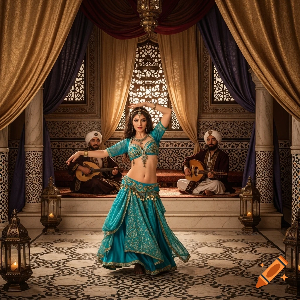 A woman in a turquoise belly dance costume performs in an ornate Arabian room, flanked by two musicians.