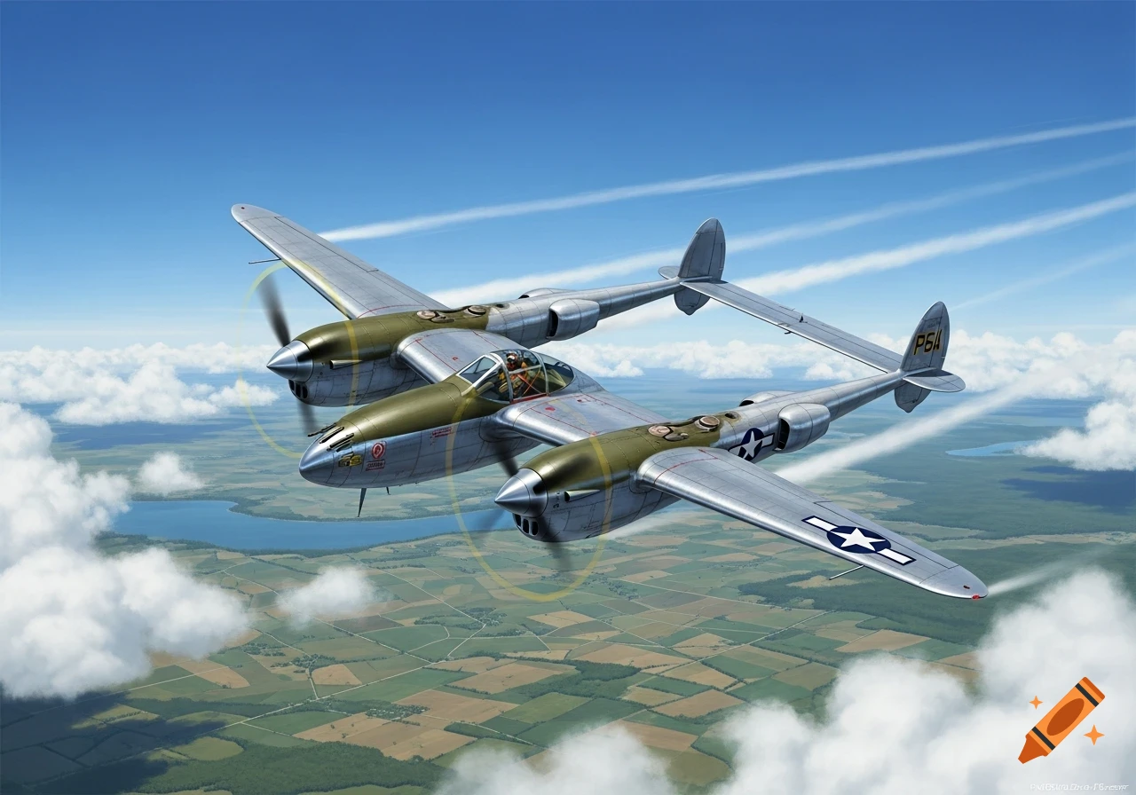 A P-38 Lightning WWII aircraft with silver and olive-drab paint flies over a green, segmented landscape and blue lake, amidst white clouds under a clear blue sky. The propellers show motion blur.
