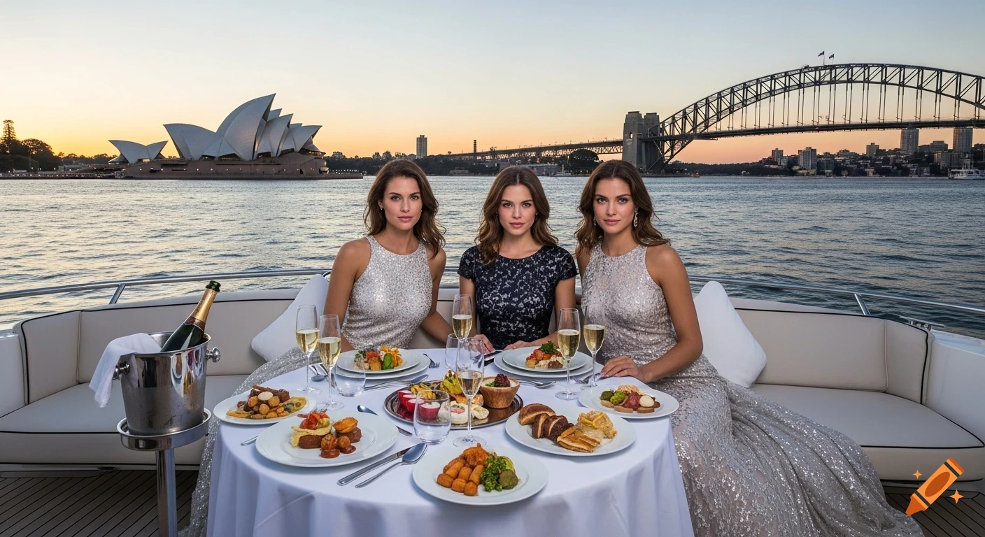 Three elegantly dressed women in evening gowns dine on a yacht at sunset, with the Sydney Opera House and Harbour Bridge in the background.