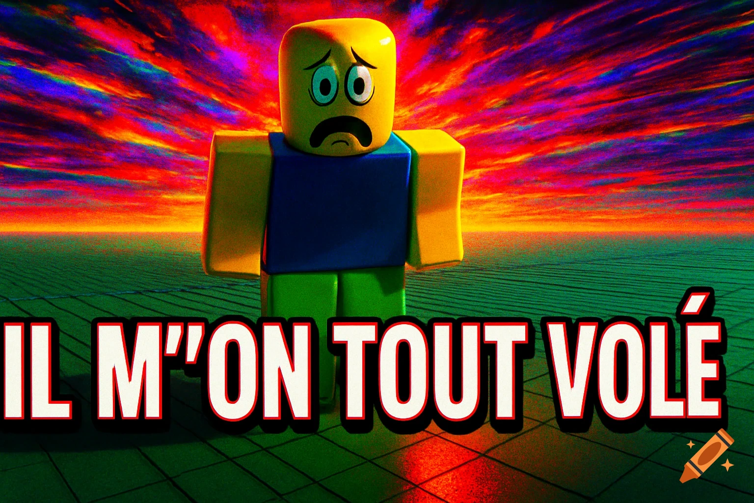 A sad Roblox character stands on a green grid floor under a vibrant, colorful sky with text that reads "IL M'ON TOUT VOLÉ" at the bottom.