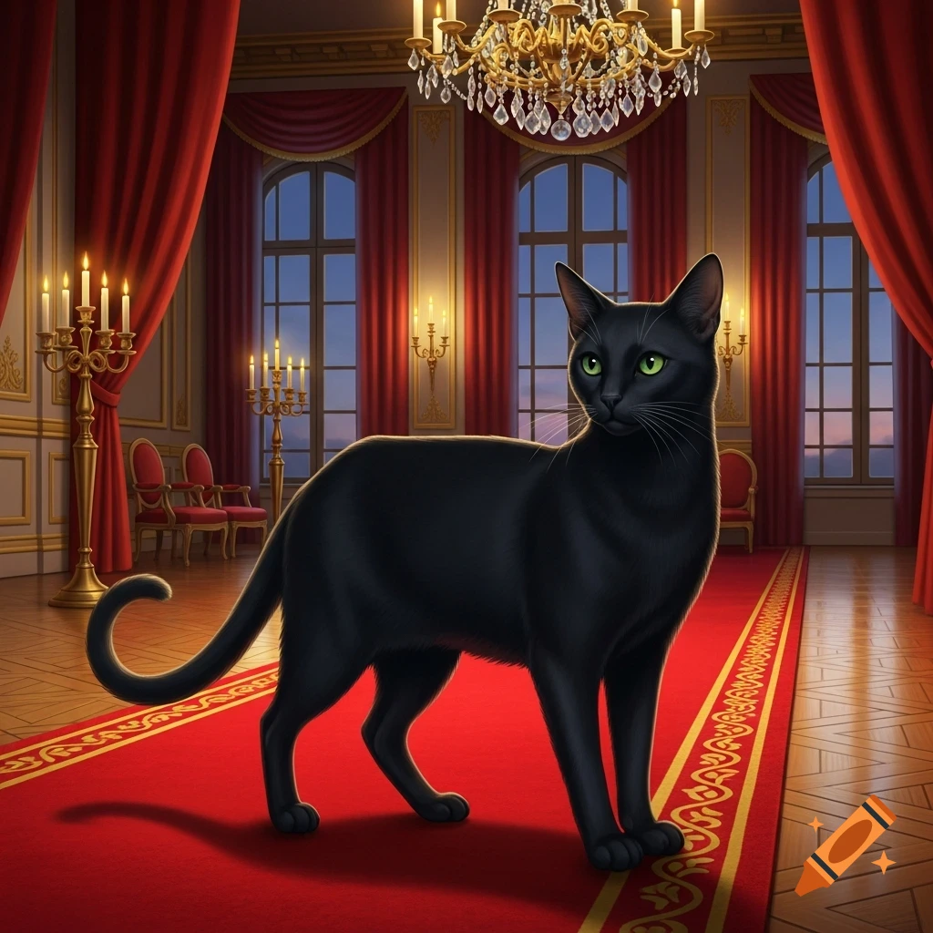 A sleek black cat with green eyes stands on a red carpet in a luxurious, chandelier-lit room.