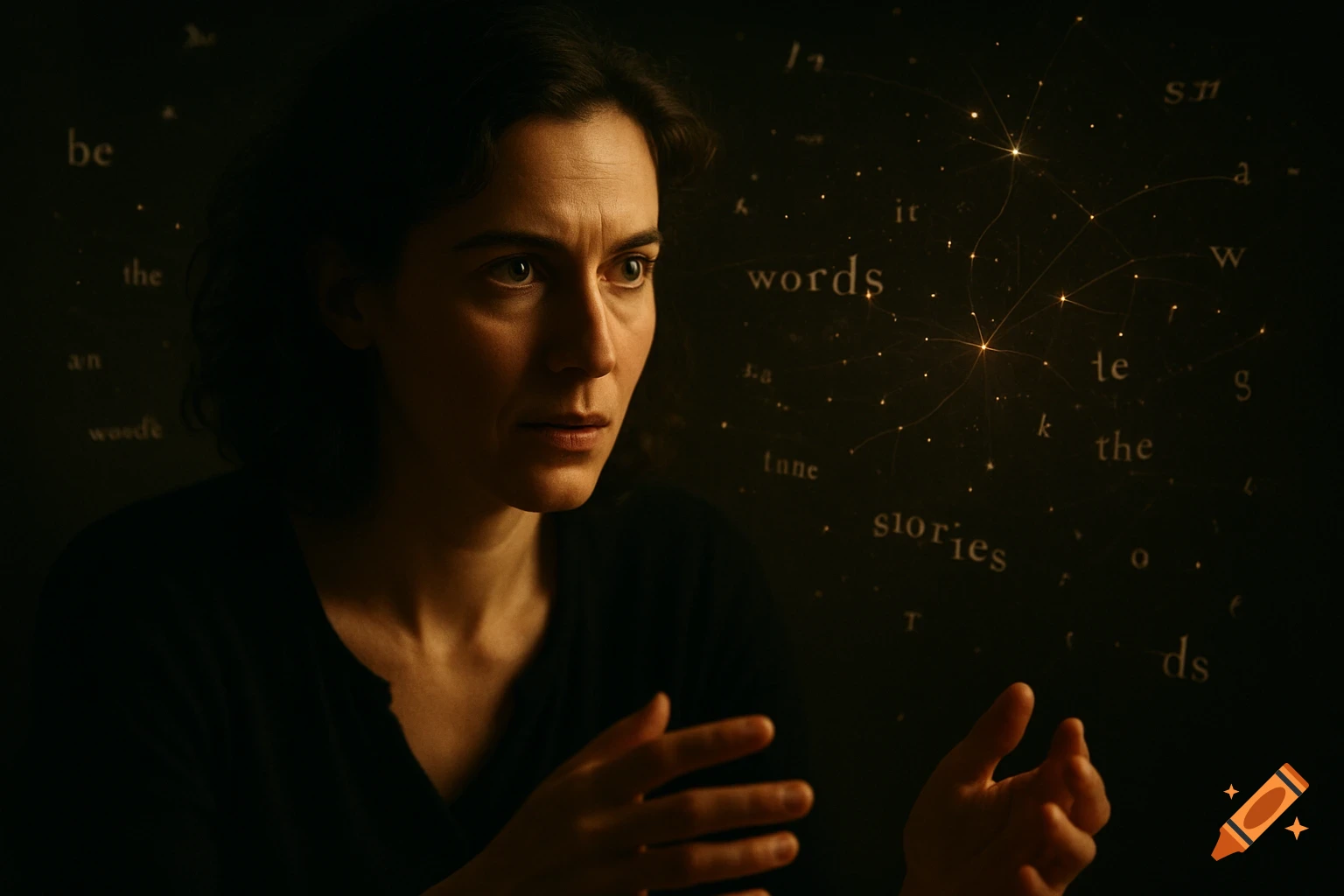 A woman with an intense gaze, gesturing in front of a dark background with floating words, letters, and glowing neural-like connections.