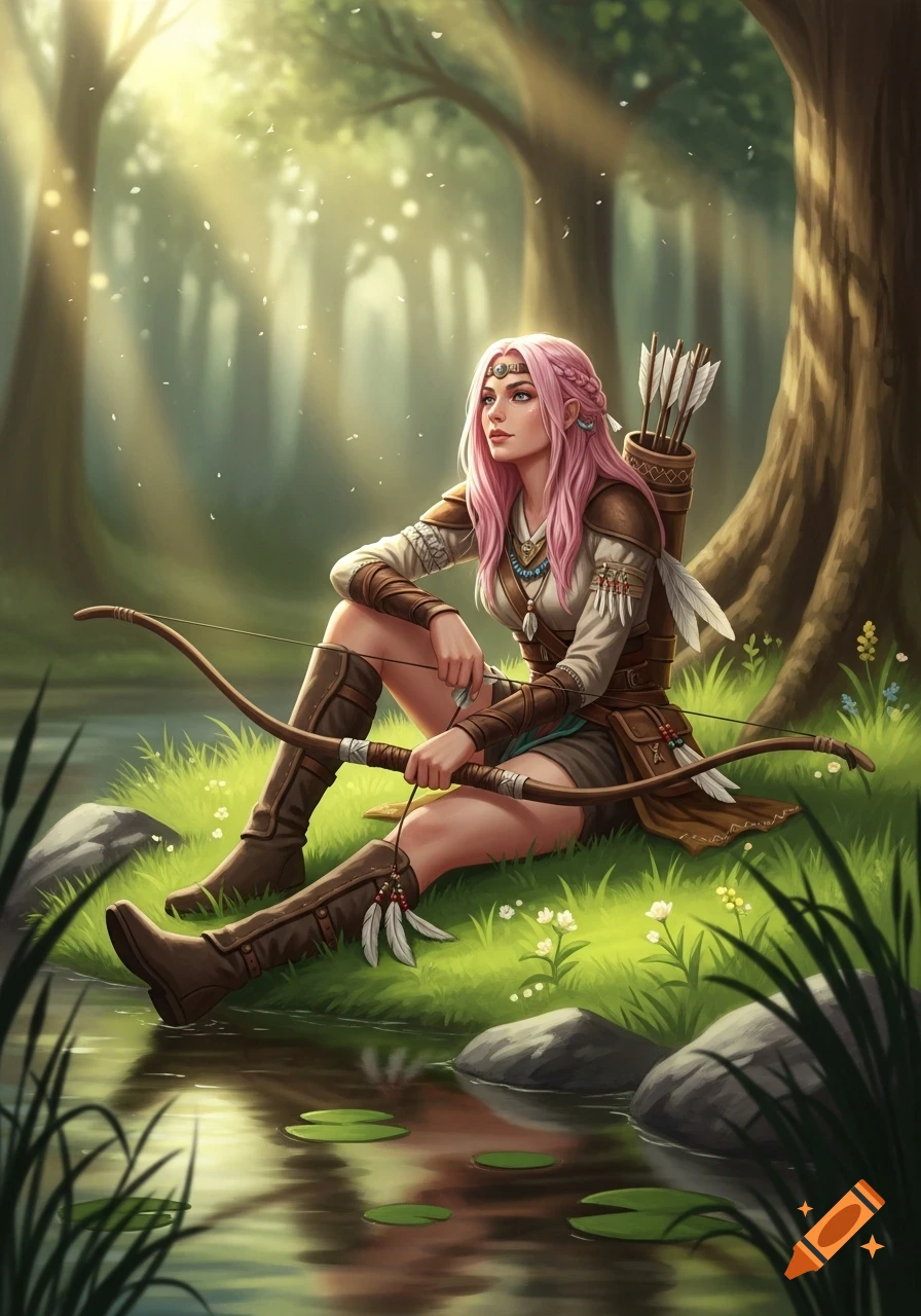 A fantasy archer with pink hair sits by a sunlit forest stream, holding a bow, wearing boots and a tunic.