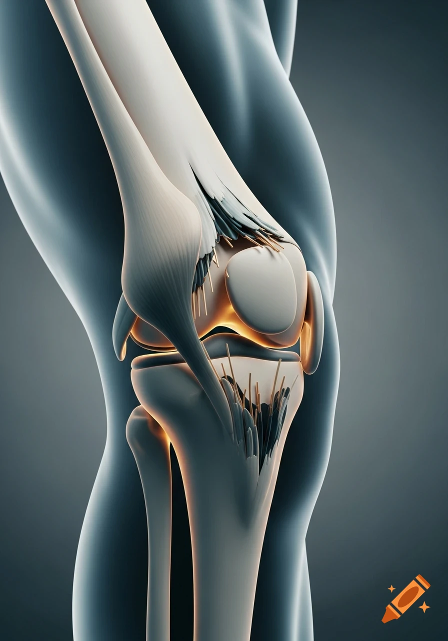 Abstract, sculptural depiction of a human knee joint with a torn ACL, showing bones and ligaments with warm gold highlights.