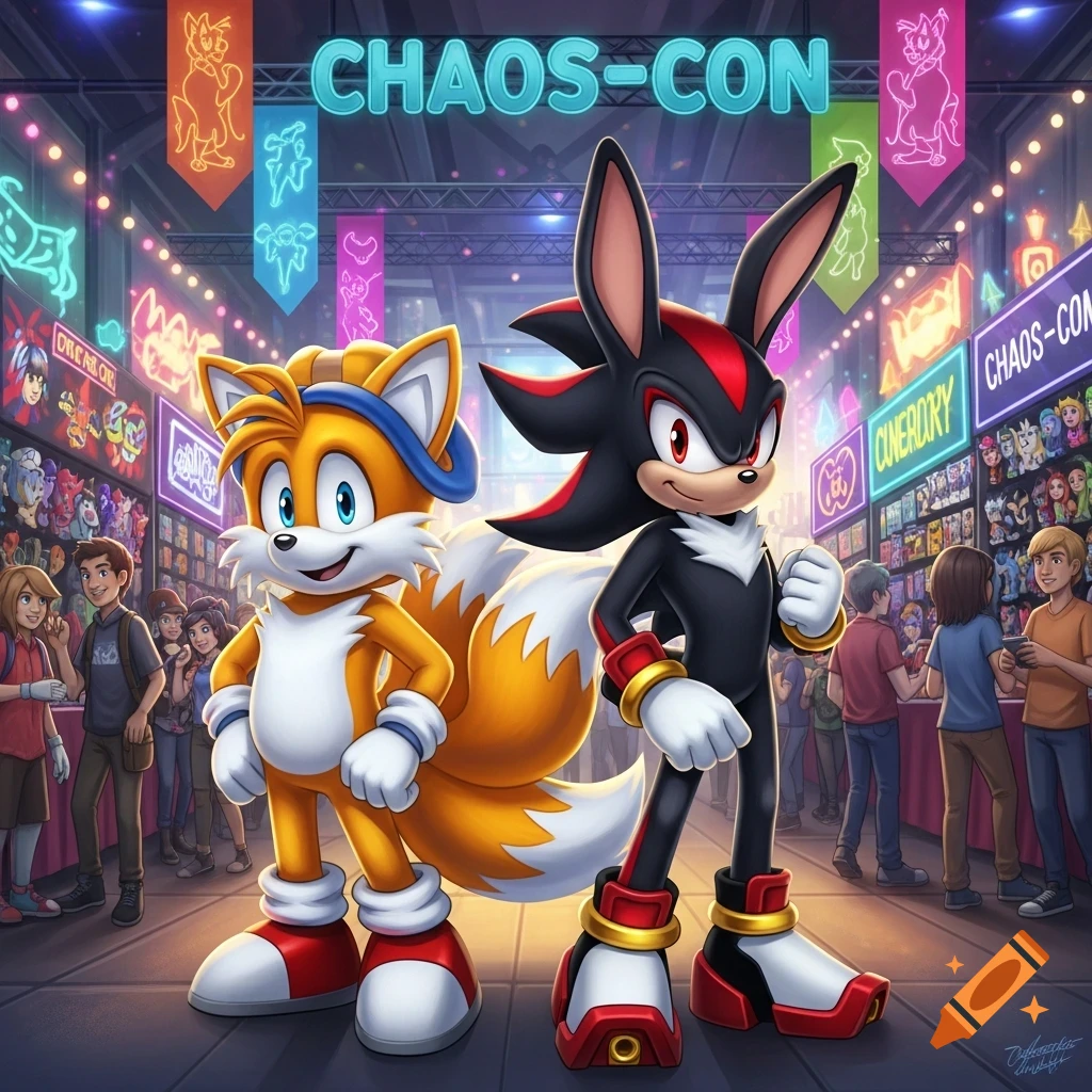 Tails and Shadow the Hedgehog stand proudly at a busy 'Chaos-Con' convention with neon signs.