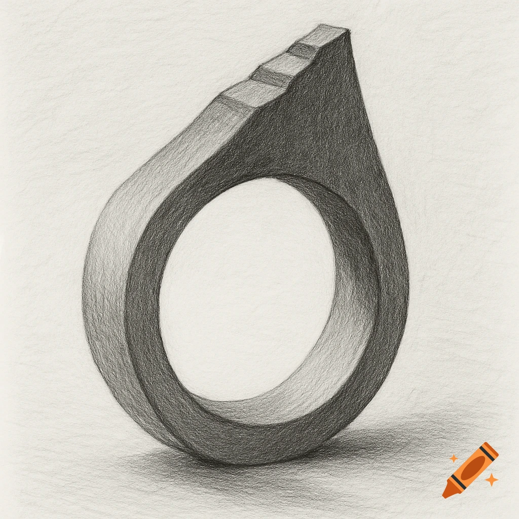A detailed pencil drawing of a stylized architectural ring with three steps on one side, rendered with a chiaroscuro effect.