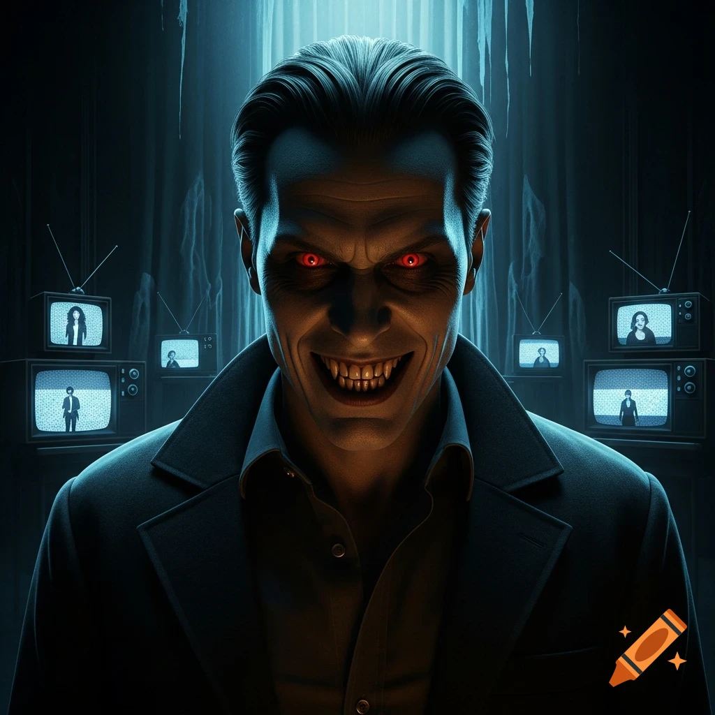 A photorealistic horror image of a grinning man with glowing red eyes and sharp fangs, surrounded by old televisions.