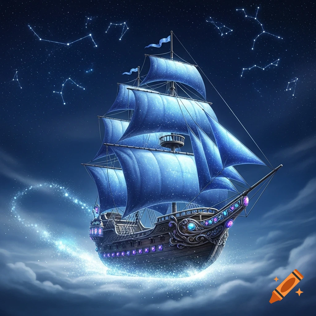 A magical blue sailing ship with glowing sails and an ornate hull flies through a starry night sky, leaving a sparkling trail.
