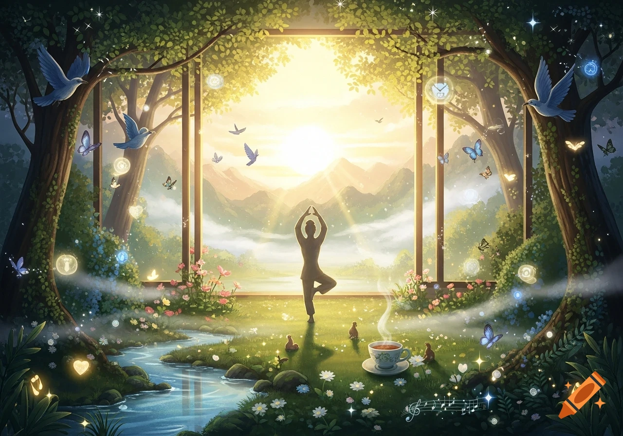 A dreamy, painterly scene of a person in a yoga pose in an ethereal forest clearing with a river, birds, butterflies, and glowing symbols, bathed in golden sunlight.