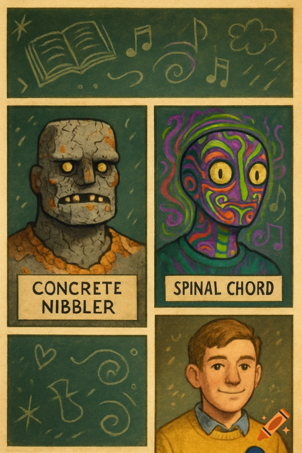 A vintage-style yearbook page featuring three distinct cartoon portraits: a stone-like creature, a psychedelic alien, and a smiling boy. Each portrait has a name label, and the page is adorned with various doodles and symbols.