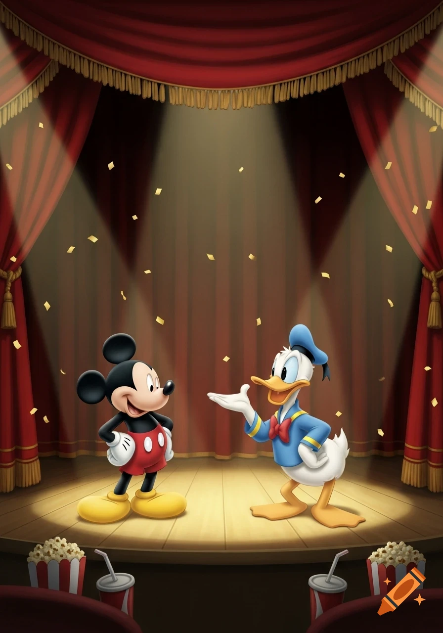 Mickey Mouse and Donald Duck stand on a spotlighted stage with red curtains and falling confetti, with popcorn and drinks in the foreground.