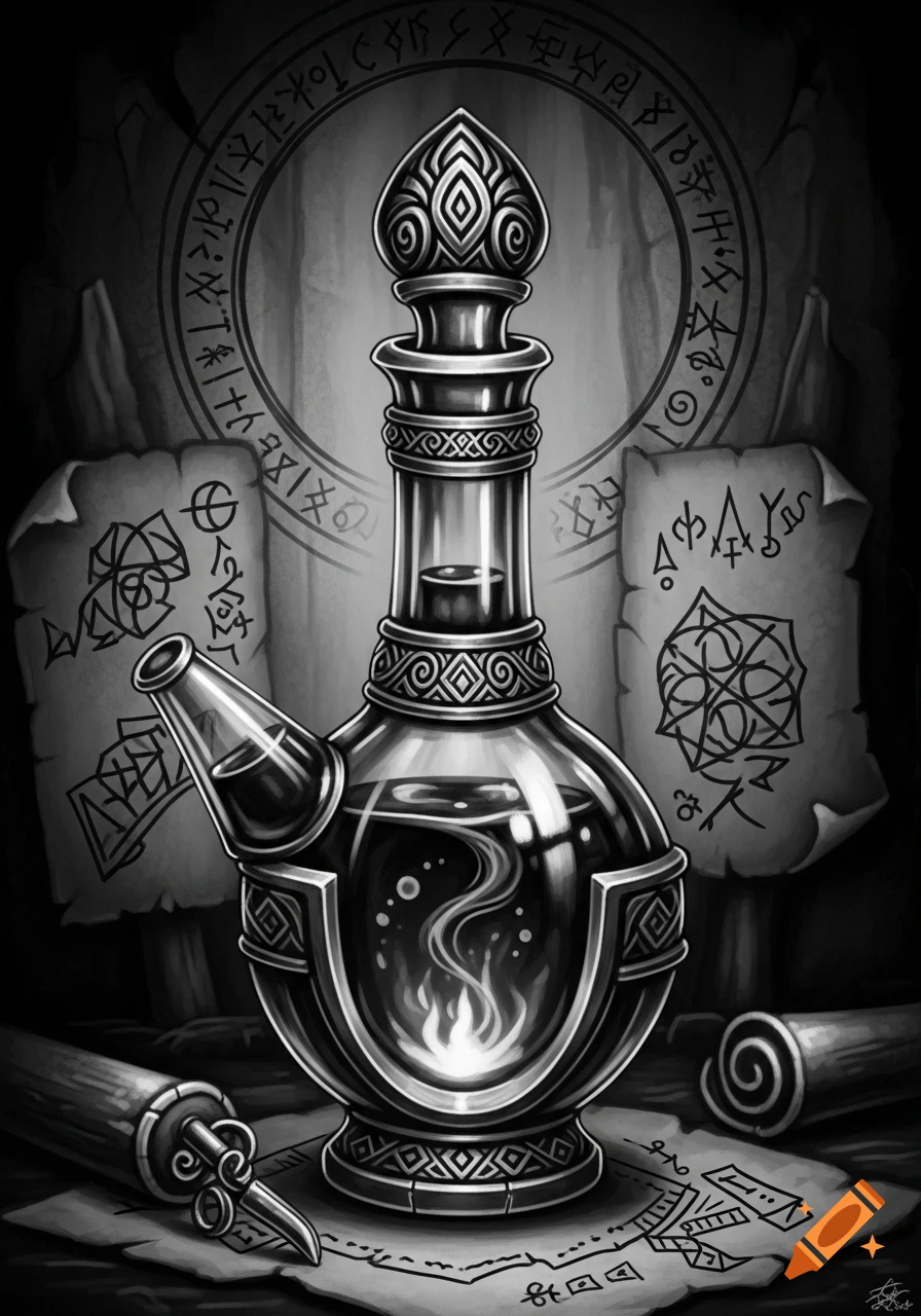 A black and white illustration of an ornate, glowing potion bottle surrounded by scrolls with mystical symbols in a dark, medieval style.