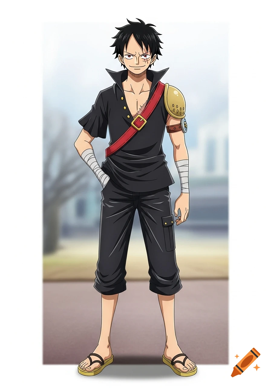 Full-body anime illustration of a pirate character with black messy hair, a black tunic, red strap, shoulder pad, and sandals.