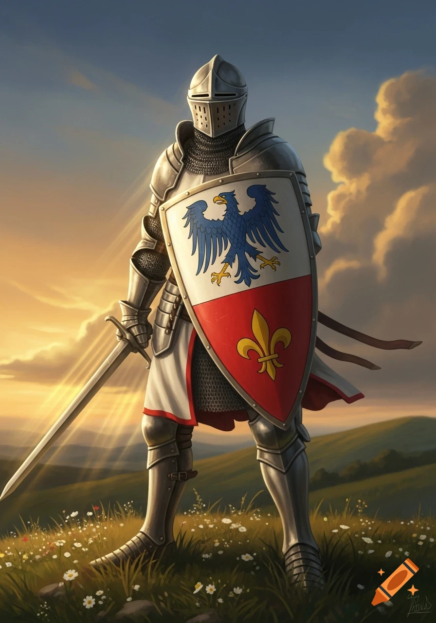A knight in full plate armor stands in a field of wildflowers at sunset, holding a sword. His shield has a blue eagle and a yellow fleur-de-lis.