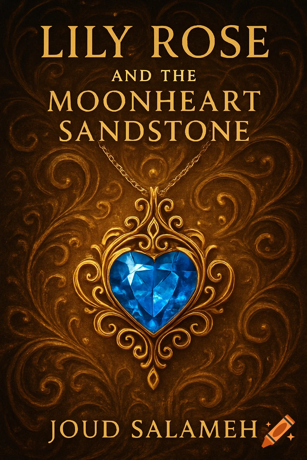 Book cover for 'Lily Rose and the Moonheart Sandstone' by Joud Salameh, with a gold heart pendant and blue gem on a swirling gold background.
