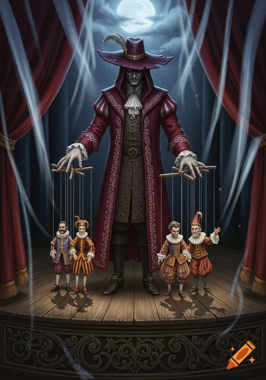 A dark puppet master in a wide hat and long coat controls four small puppets on a stage with red curtains under a full moon.