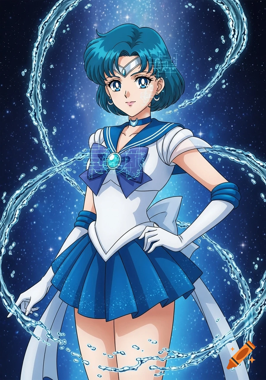 An anime illustration of Sailor Mercury in her blue and white uniform, surrounded by swirling water against a starry blue background.