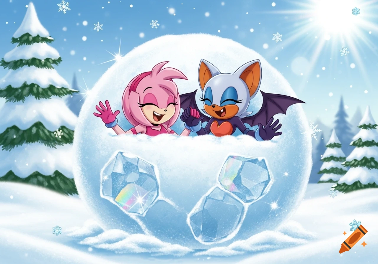 Amy Rose and Rouge the Bat joyfully emerge from a giant snowball in a snowy forest, with ice gems, under a bright sun and falling snowflakes.