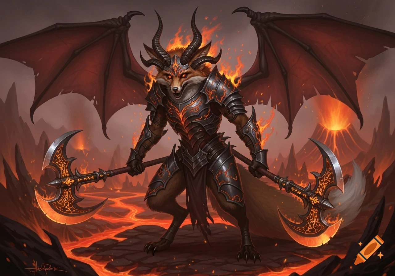 A bipedal demon fox with horns and bat wings wears demonic plate armor, dual-wielding flaming halberds in a fiery hellscape.