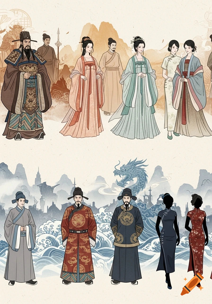 Figures in various traditional Chinese clothing styles from different dynasties, against mountain and wave backdrops in a traditional painting style.