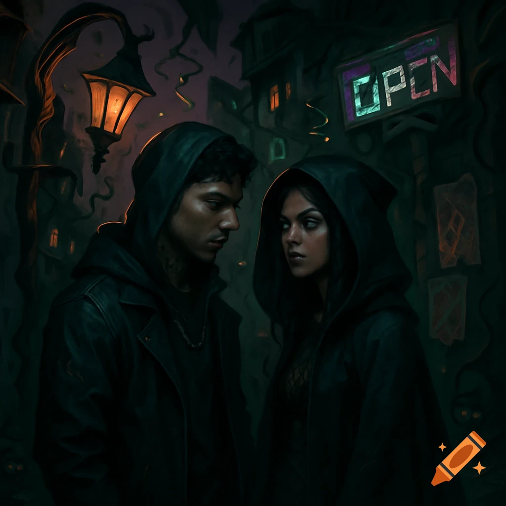 Two hooded figures stand in a dark, gothic urban scene at night, lit by a street lamp and a glowing 'OPEN' neon sign. Surreal style.