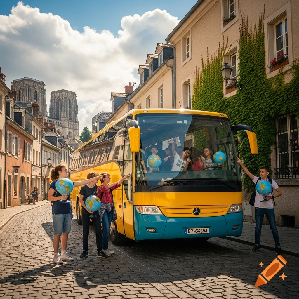 Students with globes pose in front of a yellow tour bus on a cobblestone street in a European city with a cathedral.