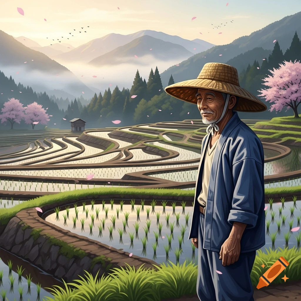 An old Japanese farmer in a straw hat stands beside terraced rice paddies with cherry blossom trees and mountains in the background.