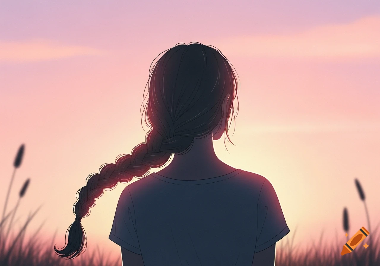 Illustration of a girl with a braid, seen from behind, silhouetted against a pink and orange sunset sky.