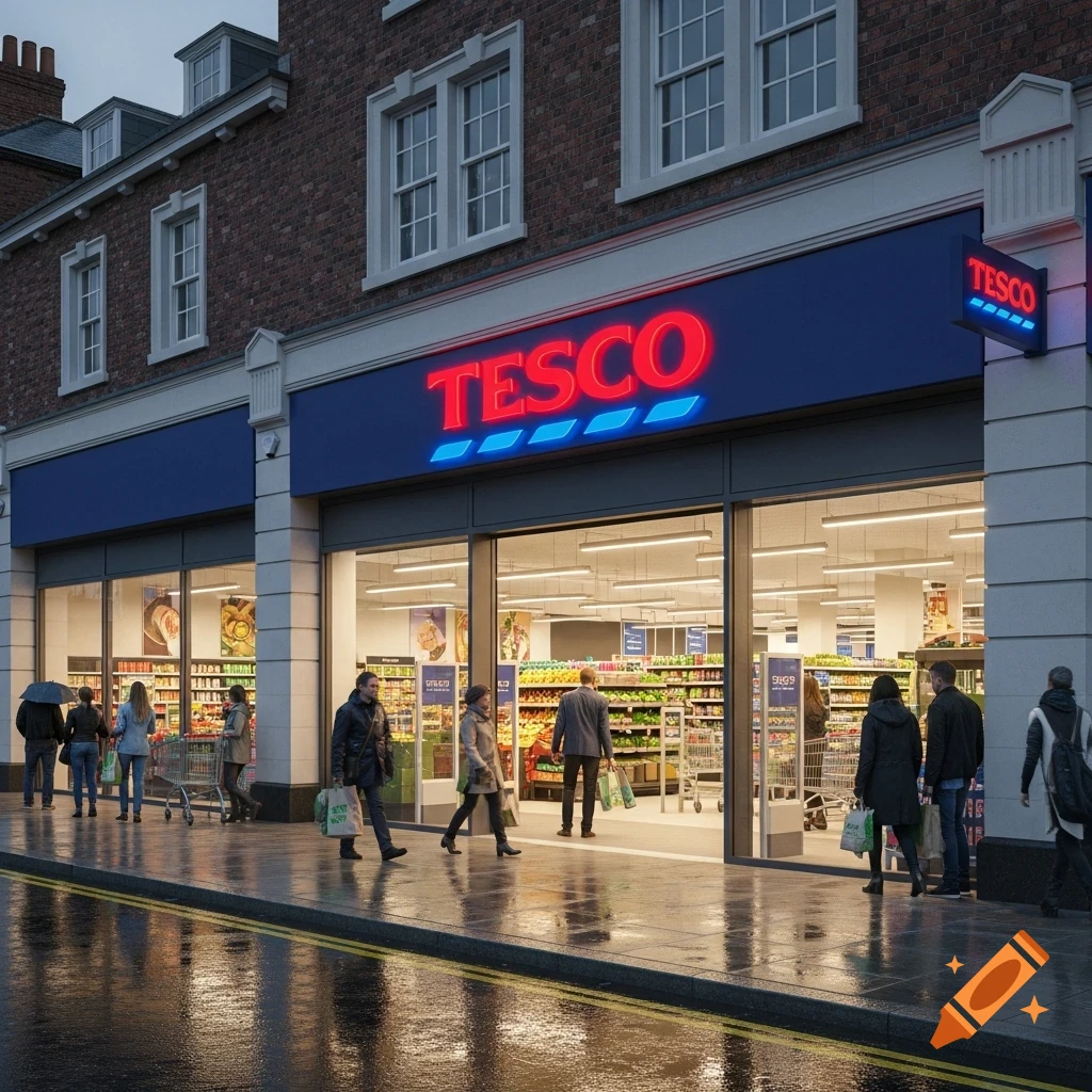 A photorealistic image of a Tesco supermarket storefront with people walking on a wet street at dusk.