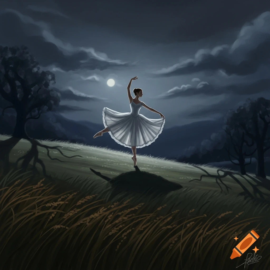 Illustrated ballerina in a white bell dress striking an arabesque pose on a dark grassy hill under a full moon and cloudy night sky.