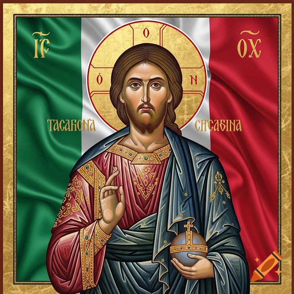 An icon of Jesus Christ with a halo, holding an orb with a cross, set against a draped Italian flag. The artwork has a traditional Byzantine style.