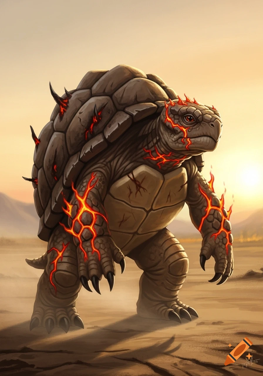 A bipedal fantasy turtle monster with glowing red cracks and spikes on its rock-like shell and body stands in a dry desert at sunset.